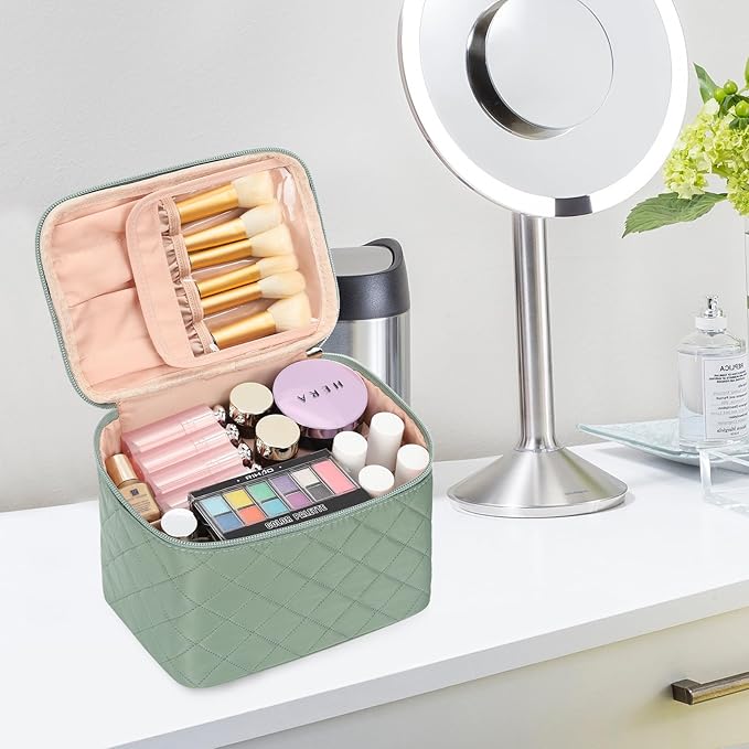 OCHEAL Makeup Bag, Large Capacity Travel Make Up Bag for Cosmetics Vertical Storage,Toiletry Bag for Skincare Makeup Organizer Bag-Green Nylon
