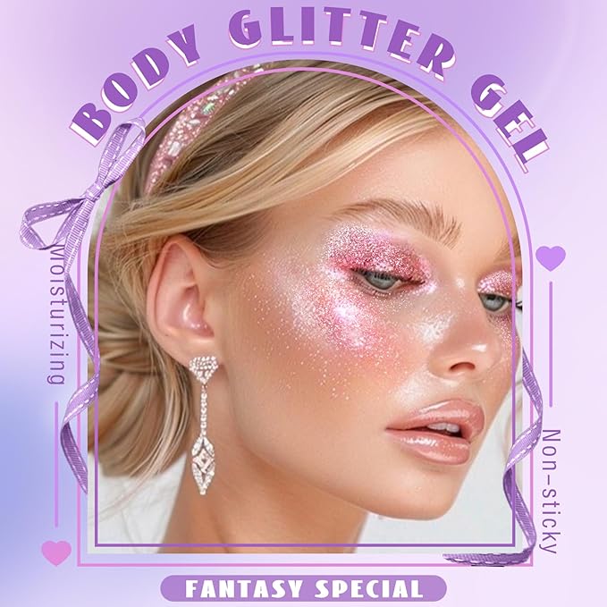Roll-on Holographic Body Glitter Gel for Face Hair, Chameleon Color Changing Glitter Gel Under Light, Chunky Mermaid Sequins Festival Party Rave Accessories Shimmer Makeup (20# Pink)