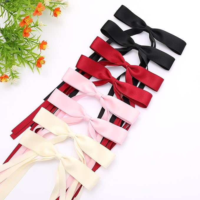 Hair Bows for Women,Ribbon Hair Bows With Long Tail,Hair bow clips Hair Barrettes for Women Accessories (Black, Beige, Pink, Red)