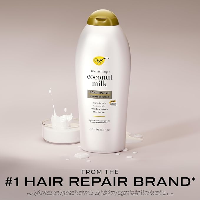 OGX Nourishing + Coconut Milk Conditioner, Hydrating & Restoring Conditioner Moisturizes for Soft Hair After the First Use, Paraben-Free, Sulfate-Free Surfactants, 25.4 fl. oz