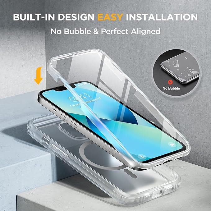 Miracase Glass Series Designed for iPhone 13 Mini Case 5.4 inch, 2023 Upgrade Full-Body Magnetic Clear Case with Built-in 9H Tempered Glass Screen Protector,Compatible with MagSafe,Clear