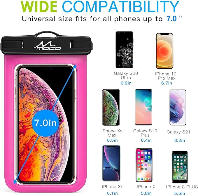 MoKo Waterproof Phone Pouch Holder 2Pack, Underwater Cellphone Case Dry Bag with Lanyard Armband Compatible with iPhone 16 15 14 13 12 11 Pro Max X/Xr/Xs/SE 3, Samsung S24/S23/S21/S10, Black+Magenta