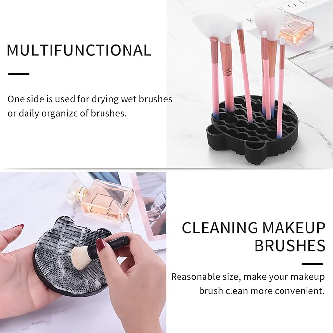 Silicon Makeup Brush Cleaner Mat with Brush Drying manual Make up cleaner cleanser machine Cosmetic Cleaning Pad+Makeup Dry Cleaned Quick Color Removal Sponge Scrubber Tool(Black)