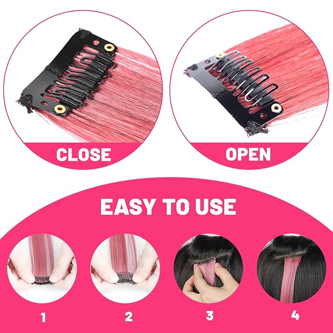 22 inch Colored Hair Extensions Straight Hairpiece, Multi-colors Party Highlights Clip in Synthetic Hair Extensions for Kids Women Gift(10 PCS Pink)