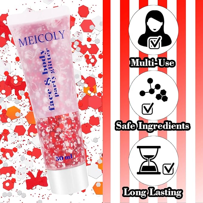 MEICOLY Red and White Face Body Glitter for Reading Week World Book Day,Dr. Week Seuse Costume Accessory for Kids Adults,Book Character Costumes for Kids,Cosplay Accessories for Halloween Festival
