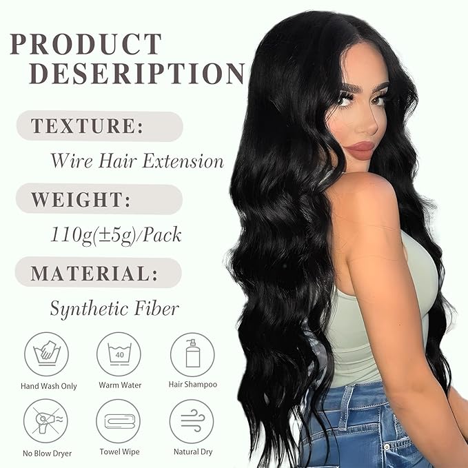 MORICA Halo Hair Extensions 20 Inch Natural Black Invisible Wire Hair Extensions,Long Wavy Synthetic Hairpiece with Transparent Wire Adjustable Size, 4 Secure Clips for Women
