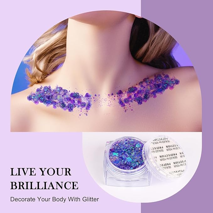 Glitter Body Face Hair Makeup Festival Gel, 6 Shapes Clear Purple Rave Glitter Face Pain Glitter Eyeshadow for Kids Women Girls Singer Concerts Festival Rave Accessories