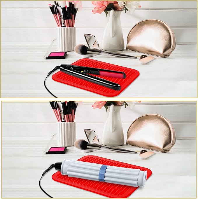 Large Silicone Heat Resistant Mat, 12"x 9" Professional Heat Mat for Curling Iron, Hair Strainghtener and Styling Tool Appliances, Flat Iron Mat, Travel Silicone Mat for Hair Dryer Salon Tools, Red