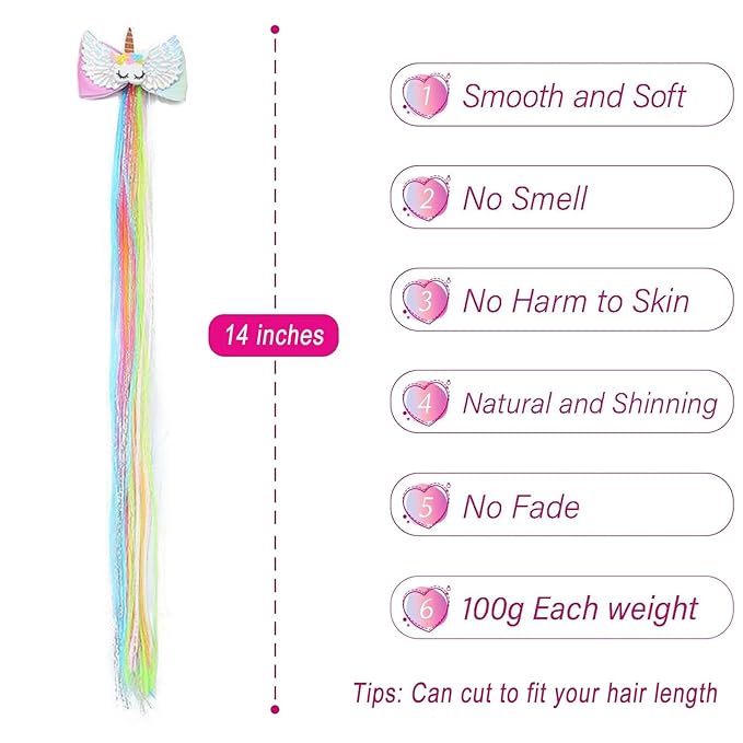 6 Pcs Hair Clips for Girls, Rainbow Hairpieces Hair Extensions Cute Colored Hair Clips for Kids Little Girls