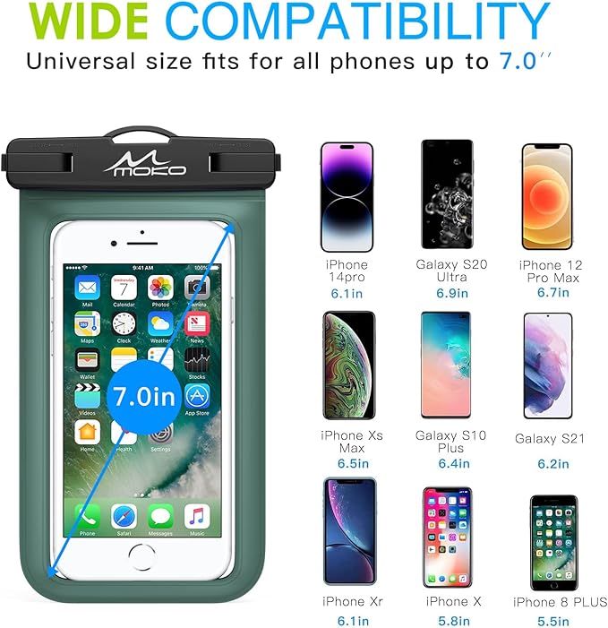 MoKo Waterproof Phone Pouch Holder, Underwater Cellphone Case Dry Bag with Lanyard Armband Compatible with iPhone 16 15 14 13 12 11 Pro Max X/Xr/Xs Max/SE 3, Samsung S24/S23/S21/S20/S10/S9, Army Green