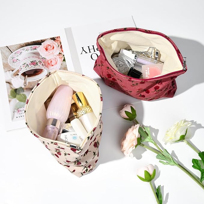 2 Pieces Rose Makeup Bag Large Corduroy Cosmetic Bag Capacity Canvas Travel Toiletry Bag Organizer Cute Makeup Brushes Aesthetic Accessories Storage Bag for Women, Rose L White Pink