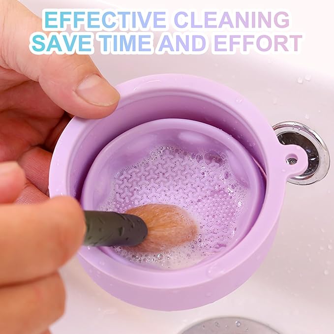 Makeup Brushes Cleaner Mat with Brush Storage Holder, Folding Portable Washing Tool for Makeup Brush Cleaning, 2 In 1 Silicone Brush Cleaner Pad & Cosmetic Brush Organizer Rack (Pink)