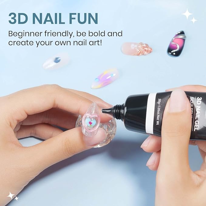 MIZHSE 3D Nail Gel Clear Sculpting for Nail Art Nail Charms 3D Gel Nail Art No Wipe Nail Supplies U V LED Salon Manicure Home DIY