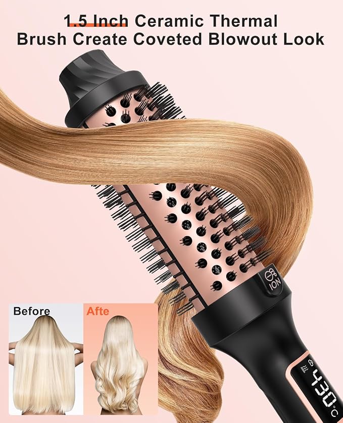 Nimmu Thermal Brush for Blowout Look, 1.5 inch Heated Round Brushes Curling Iron with 10 Temperature Control, Hot Brush Styler Dual Voltage for Travel, Rose Gold