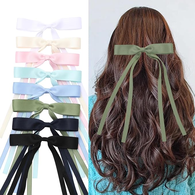 HairBows for Women & Girls, 16 PCS Ribbon Hair Bow with Long Tail Bowknot Hair Clips, Hair Barrettes with Bow Accessories