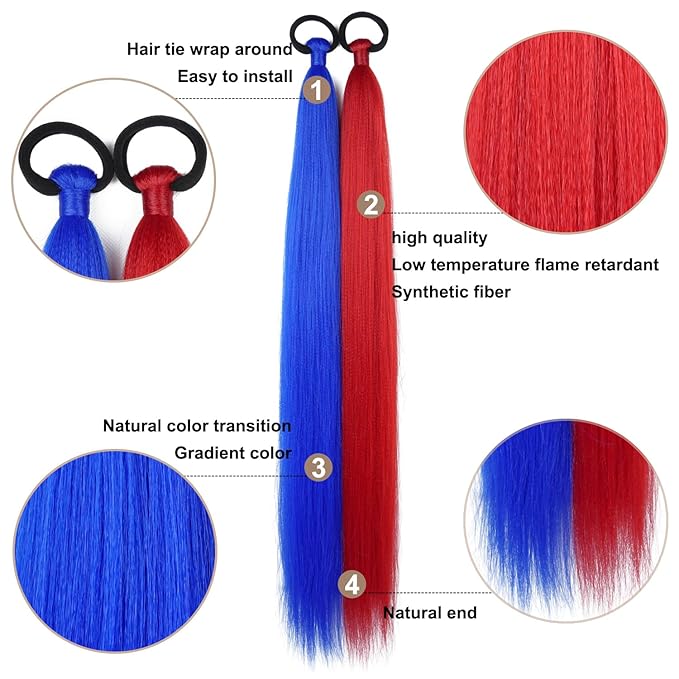 2 Pack Braid Ponytail Extension with Elastic Tie Straight Sleek Wrap Around Braid in Extensions Red Blue Contrast 26 Inch Hair Braid Extensions Ponytail for Girls(Red/Blue#)