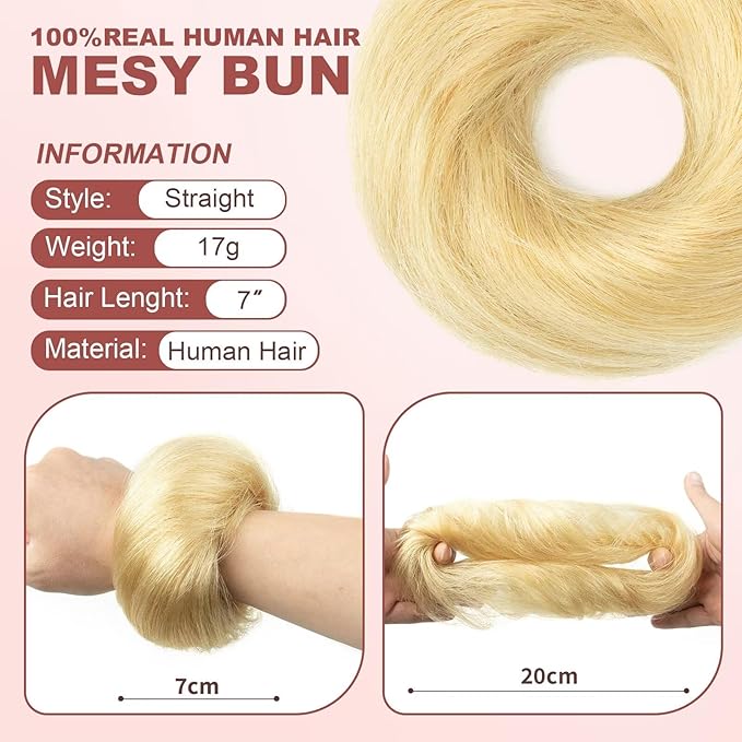 1PCS Messy Bun Hair Piece Human Hair Natural Curly 100% Real Human Hair Chignons Scrunchies Fluffy for Women Bun Donut Updo Hair Pieces Extension (#613 Bleach Blonde)