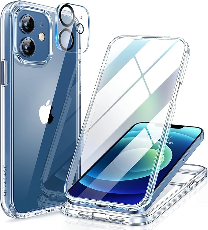 Miracase Glass Series for iPhone 12/12 Pro - Full-Body Rugged Protective Case with Built-in 9H Tempered Glass Screen Protector and Camera Lens Protector - Crystal Clear