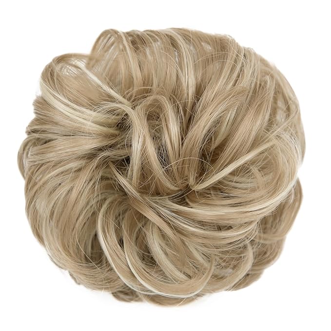 MORICA 1PCS Messy Hair Bun Hair Scrunchies Extension Curly Wavy Messy Bun Hair Synthetic Chignon Hairpieces for Women(16H613(Light Ash Brown & Bleach Blonde))
