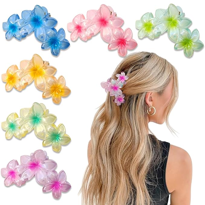 6Pcs Flower Hair Clips for Women, Non-Slip Hawaiian Hair Flower Clip, Large Plumeria Banana Cute Beach Hair Accessories (Pearlescent Gradient Color)