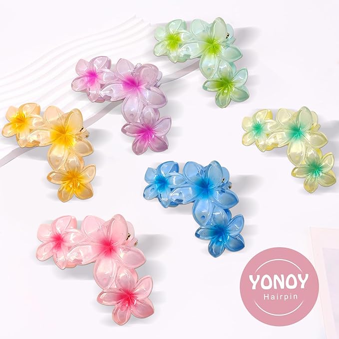 6Pcs Flower Hair Clips for Women, Non-Slip Hawaiian Hair Flower Clip, Large Plumeria Banana Cute Beach Hair Accessories (Pearlescent Gradient Color)