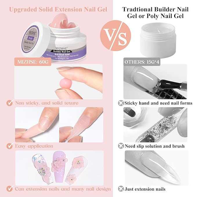 MIZHSE Solid Nail Builder Gel, 2.1 oz 60g Nude Builder Gel for Nails Non-Sticky Solid Builder Gel for Nail Extensions Hard Gel with 24pcs Nail Forms and Silicone Pen Nail Art Manicure Set