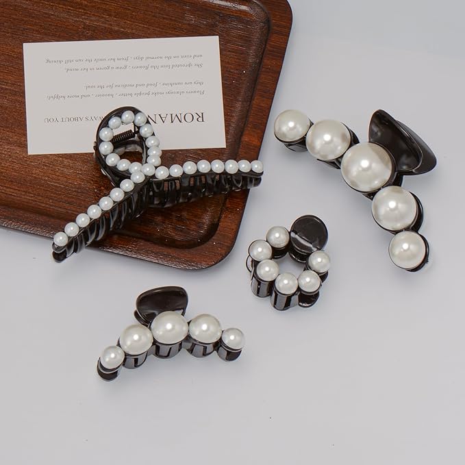 Mehayi 4 PCS Large Black Pearl Hair Claw Clips for Women Girls, Hair Barrette Clamps for Thick Thin Hair, Fashion Hair Accessories Headwear Styling Tools for Party Wedding