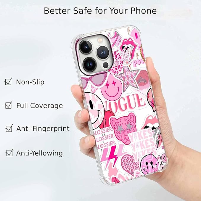 Case for iPhone 15 Pro Max with Pink Design,Aesthetic Hippie Indie Popular Elements Pattern,Shockproof Soft TPU Bumper Phone Cover(15pm,Pink)
