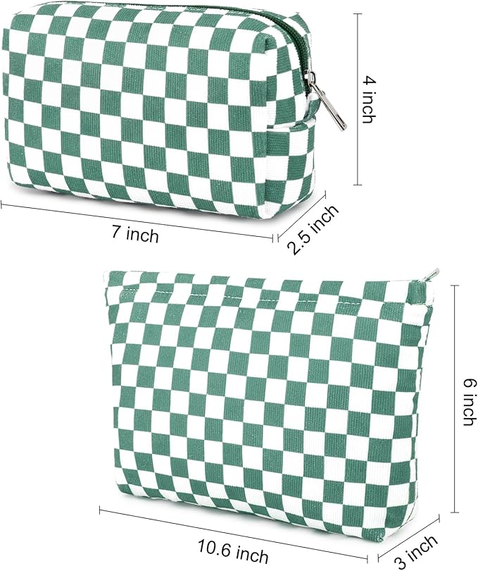 2 Pcs Checkered Makeup Bag Large Cosmetic Bag Toiletry Bag Makeup Pouch Travel Bag Organizer Cute Makeup Brushes Aesthetic Accessories Storage Bag for Women Olive Green