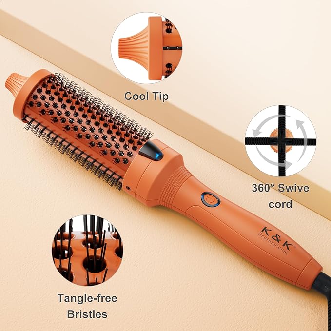 K&K Thermal Brush, 1.5 Inch Heated Round Comb, Professional Heated Curling Ceramic Tourmaline Ionic Curling Iron, Hot Styling Volumizing Brush, Dual Voltage, Orange