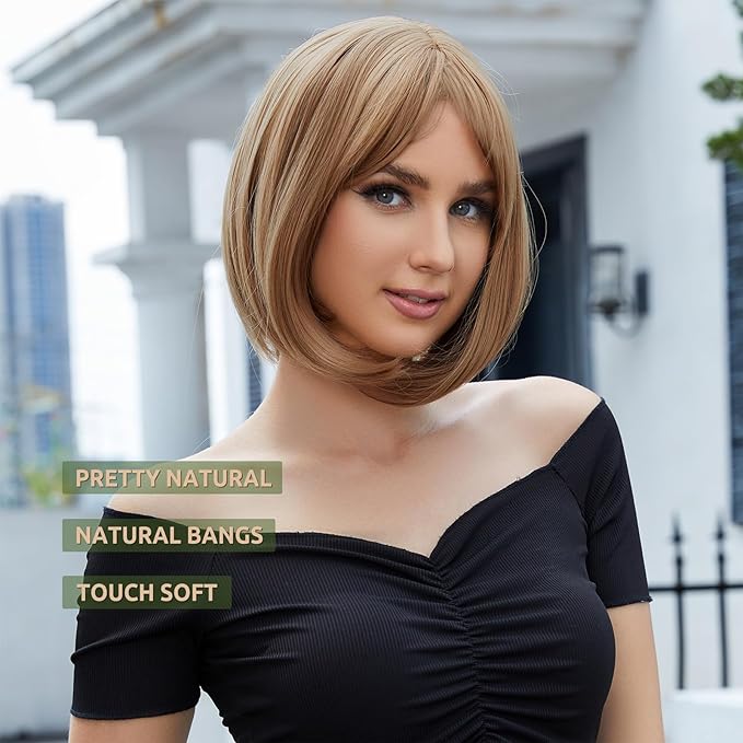 Onpep Bob Wig with Bangs Brown Highlight Short Straight Natural Looking Wigs for Women Shoulder Length Heat Resistant Synthetic Blonde Wigs