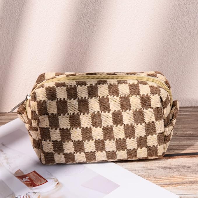 2 Pieces Makeup Bag Large Checkered Cosmetic Bag Capacity Canvas Mix Travel Toiletry Bag Organizer Cute Makeup Brushes Aesthetic Accessories Storage Bag for Women, Checkered Mix Brown