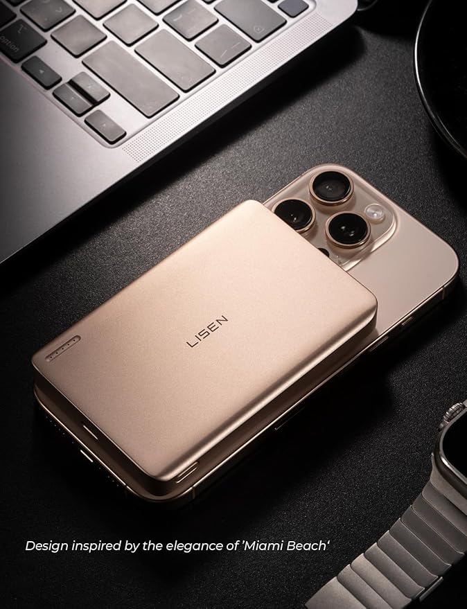 LISEN 0.5‘’ Ultra Slim MagSafe Portable Charger iPhone,Alloy 10,000mAh Wireless Charge Card Phone Charger,Slim MagSafe Battery Pack,Magnetic Power Bank for iPhone 16e Pro Max/15/14/13/12,Gold