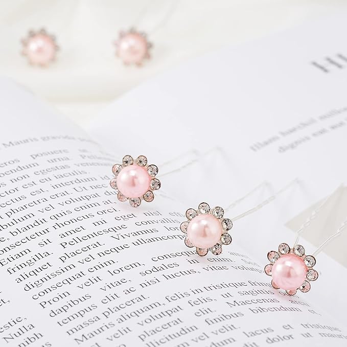 20 Pack (Pink) Pearl Crystal Hair Pins Flower Rhinestone Hair Clips for Bridal Wedding Women Hair Jewelry Accessories, with Clear Container
