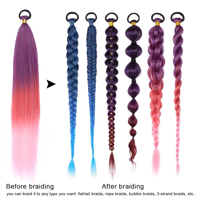 2 Pack Pink Ponytail Extension with Elastic Tie Straight Sleek Wrap Around Braid Ponytail Red Gradient 26 Inch (Purple/Red/Pink#)