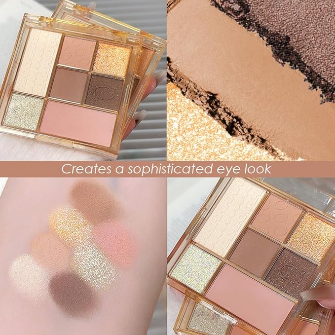 Seven Color Matte Shimmer Eyeshadow, 7 Brown Black Brown & Pink Golden Yellow Light Green Pressed Powder Eyeshadow, Daily Silky Makeup Eyeshadow Palette, Easy to Carry,Vegan & Cruelty-Free, 02 0.25 Oz