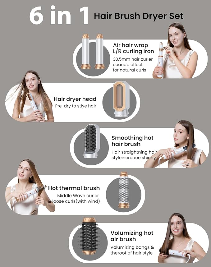 6 in 1 Air Styler & Blow Dryer Brush with Ionic Technology, Magic Styler & Air Curler for Hair, Versatile Hair Dryer Brush for Fast Styling, Safe ALCI Plug, Works on Most Hair Types,White