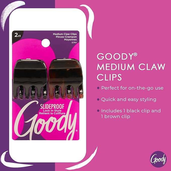 Goody Classics Medium Claw Clips, Black and Brown Colors - Great for Easily Pulling Up Your Hair - Pain-Free Hair Accessories for Women, Men, Boys and Girls, 2 Count (Pack of 1)