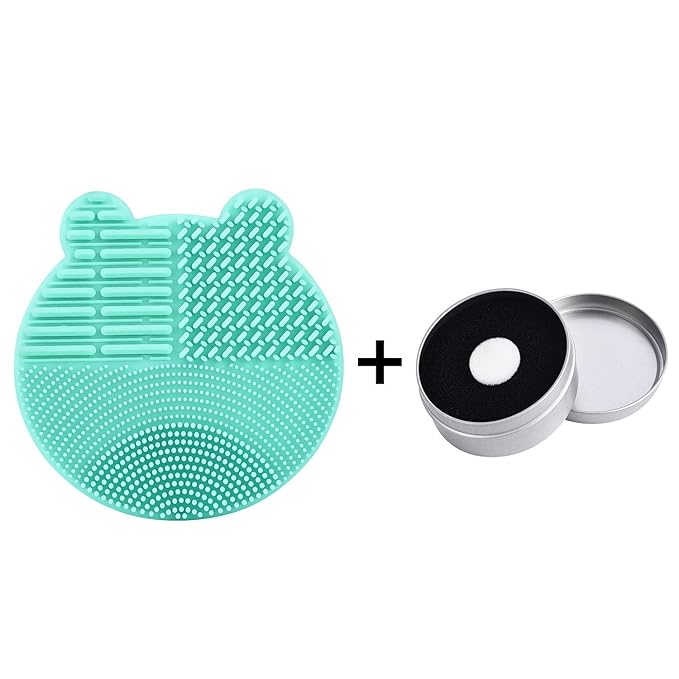 Silicon Makeup Brush Cleaner Mat with Brush Drying manual Make up brush cleaner cleanser machine Cosmetic Brush Cleaning Pad+Makeup Brush Dry Cleaned Quick Color Removal Sponge Scrubber Tool(Green)
