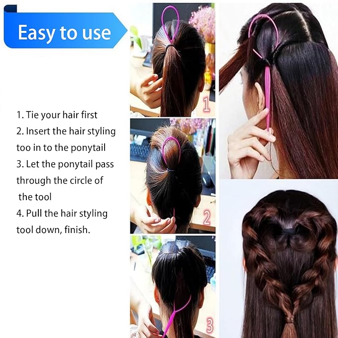 6pcs Pony Hair Tail Tools, Hair Loop Styling Tool French Braiding Hair Tool, Hair Braid Accessories Ponytail Maker for Women Girls, Ponytail Hair Pull Through Tool (2pink+2blue+2purple)