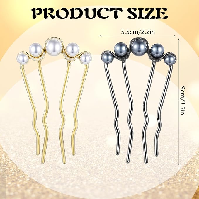 2Pcs Pearl U Shaped Hair Pins Metal Hair Fork Clips, Elegant Bridal Hair Side Comb Hair Pin for Women Girls, French Pearl Hair Styling Accessories for Bridal Wedding Daily Party Holiday