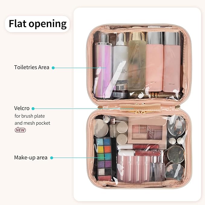OCHEAL Makeup Bag, Make up Travel Bag Large Capacity Waterproof Cosmetic Organizer Bag with Makeup Brush Compartment & Handle for Women Girls Travel Toiletry Accessories-Beige