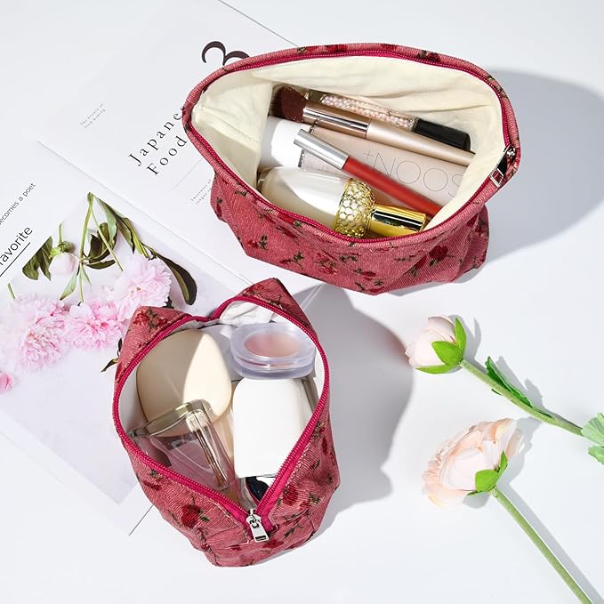 2 Pieces Rose Makeup Bag Large Cosmetic Bag Capacity Canvas Mix Travel Toiletry Bag Organizer Cute Makeup Brushes Aesthetic Accessories Storage Bag for Women, Rose Mix Green Red