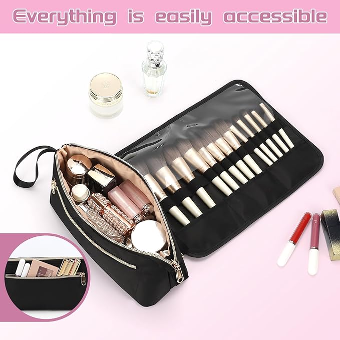 OCHEAL Makeup Brush Holder and Makeup Bag 2 in 1,Makeup Pouch with Brush Organizer,Travel Makeup Brushes Bag Cosmetic Bags for Women Portable Roll-up Makeup Case -Black