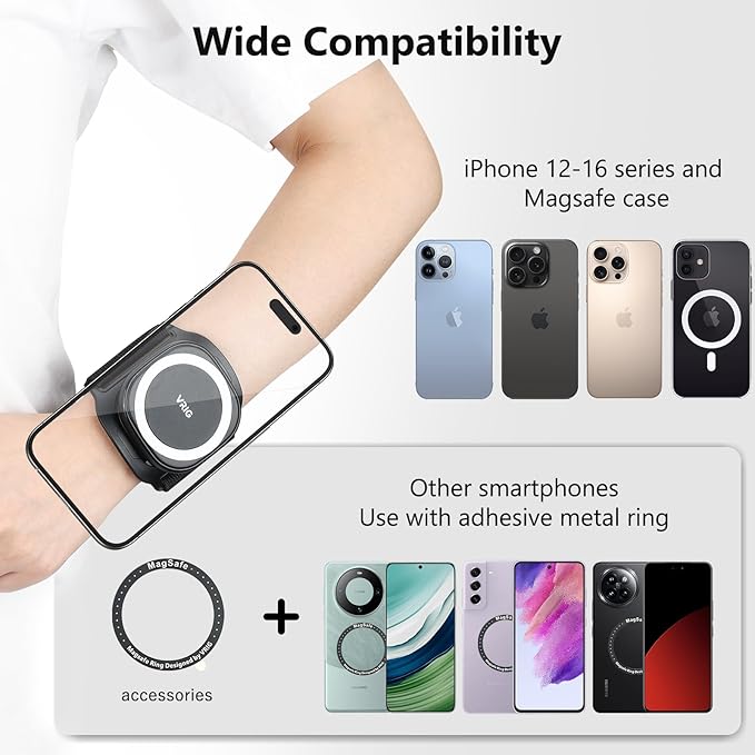 VRIG 360 Rotatable Magnetic Wristband Phone Holde, Armband Cell Phone Holder, Magnetic Phone Holder, Compatible with magsafe iPhone 16 15 14 13 12 Pro Max Plus Mini