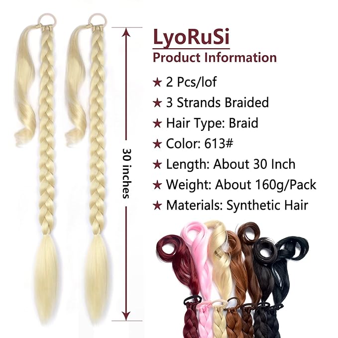 2 Pack Long Braided Ponytail Extension with Hair Tie Straight Wrap Around Braided Ponytail Extension(613#)