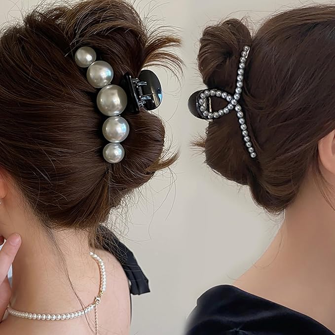 Mehayi 4 PCS Large Black Pearl Hair Claw Clips for Women Girls, Hair Barrette Clamps for Thick Thin Hair, Fashion Hair Accessories Headwear Styling Tools for Party Wedding