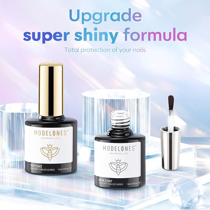 modelones Gel Top Coat, 15 ml 2025 Upgrade Super Shiny Base and Top Coat Set, Soak Off Nail Lamp Acid Free No Wipe Clear Base Top Gel Nail Polish