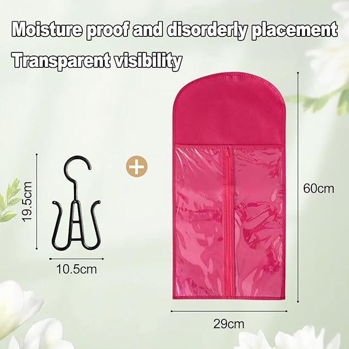2packs Hanging Wig Stand 2Packs Wig Storage Bags Dust-proof Wig Bags With Hanger With Clear Zipper Closure for Multiple Wigs Hats and Hair Extensions Accessories (White stand-Hot Pink bag)