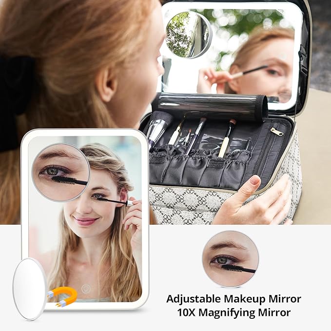 Omobolanle Makeup Bag with Mirror Led Light Detachable Portable Makeup Organizer Travel Train Case with Adjustable Dividers and 10x Magnifying Mirror Cosmetic Toiletry Bag White/Grey